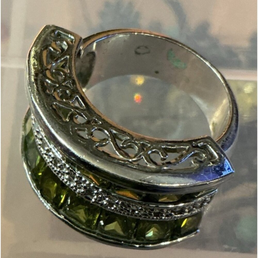 Park Lane Ring Olive Green Silver Tone Faceted Pave CZs Cocktail Statement SZ 7 - Picture 2 of 14